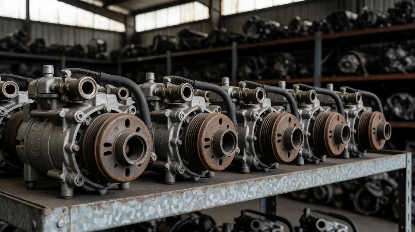 Rows of used automotive AC compressors with exposed clutch assemblies and hose fittings on salvage yard shelving