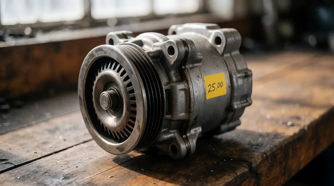 Used AC compressor on a wooden workbench with clutch pulley facing camera and a yellow price tag