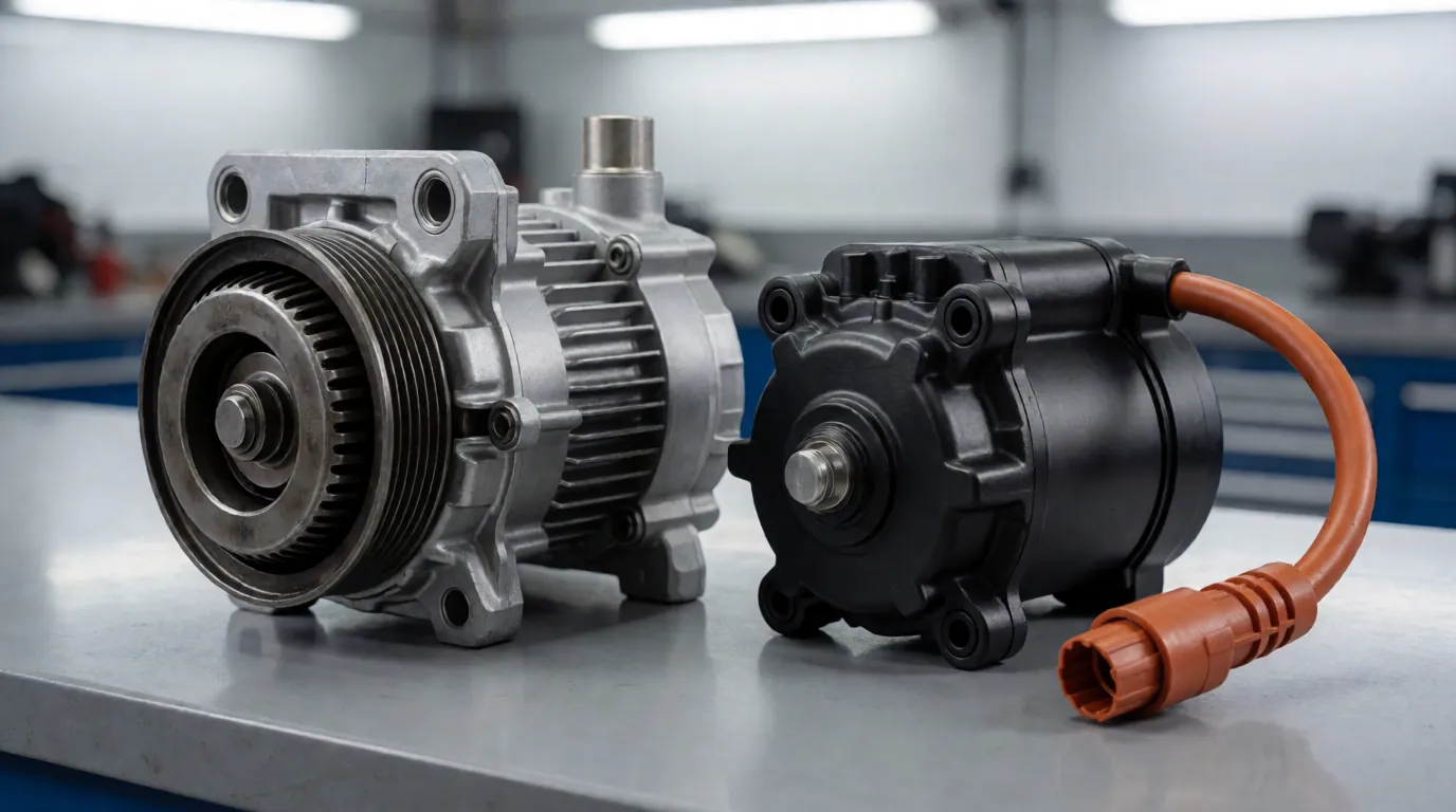 Belt-driven AC compressor with clutch pulley next to an electric AC compressor with orange high-voltage cable