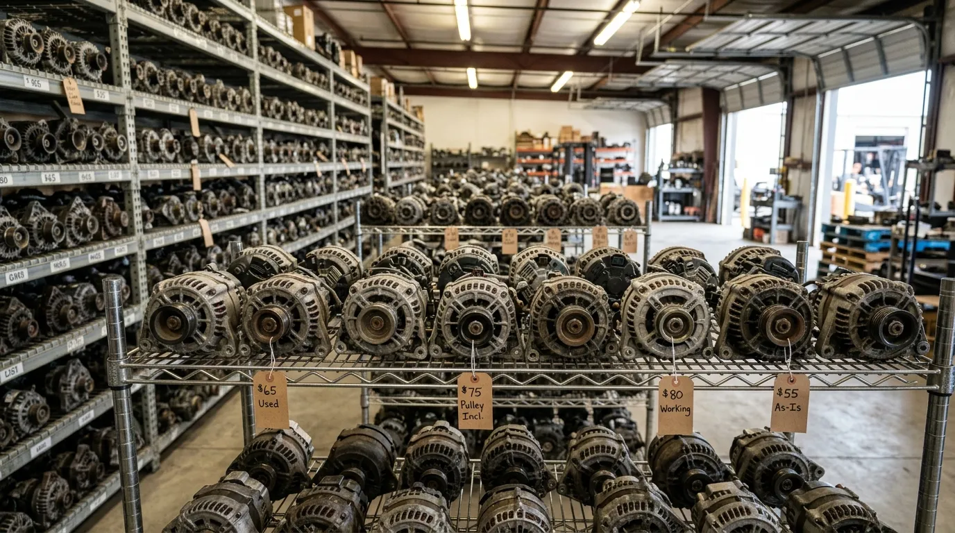 Used alternators organized on metal shelving inside a salvage yard warehouse with visible price tags
