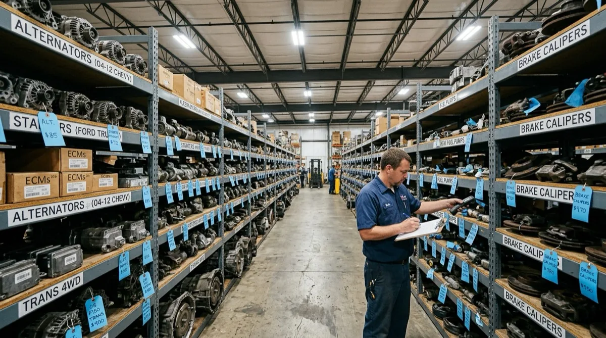 Used auto parts including alternators, starters, and headlight assemblies arranged on industrial shelving inside a salvage yard warehouse