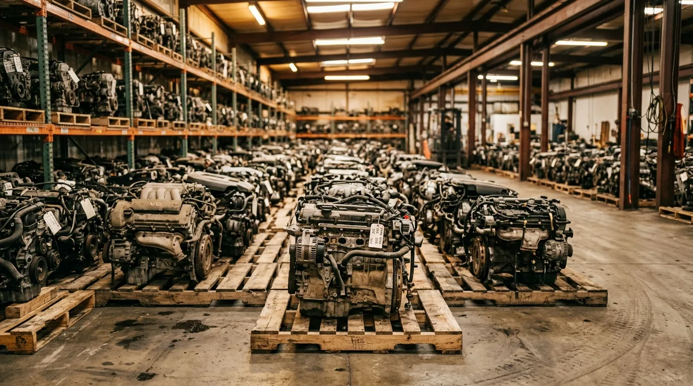Rows of used car engines resting on wooden pallets inside a salvage yard warehouse under warm overhead lighting