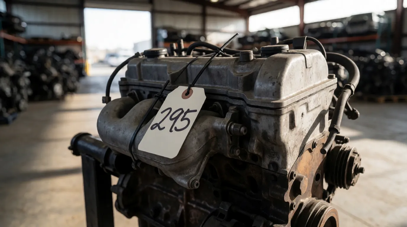 Used four-cylinder engine on an engine stand in a salvage yard with a handwritten price tag on the intake manifold