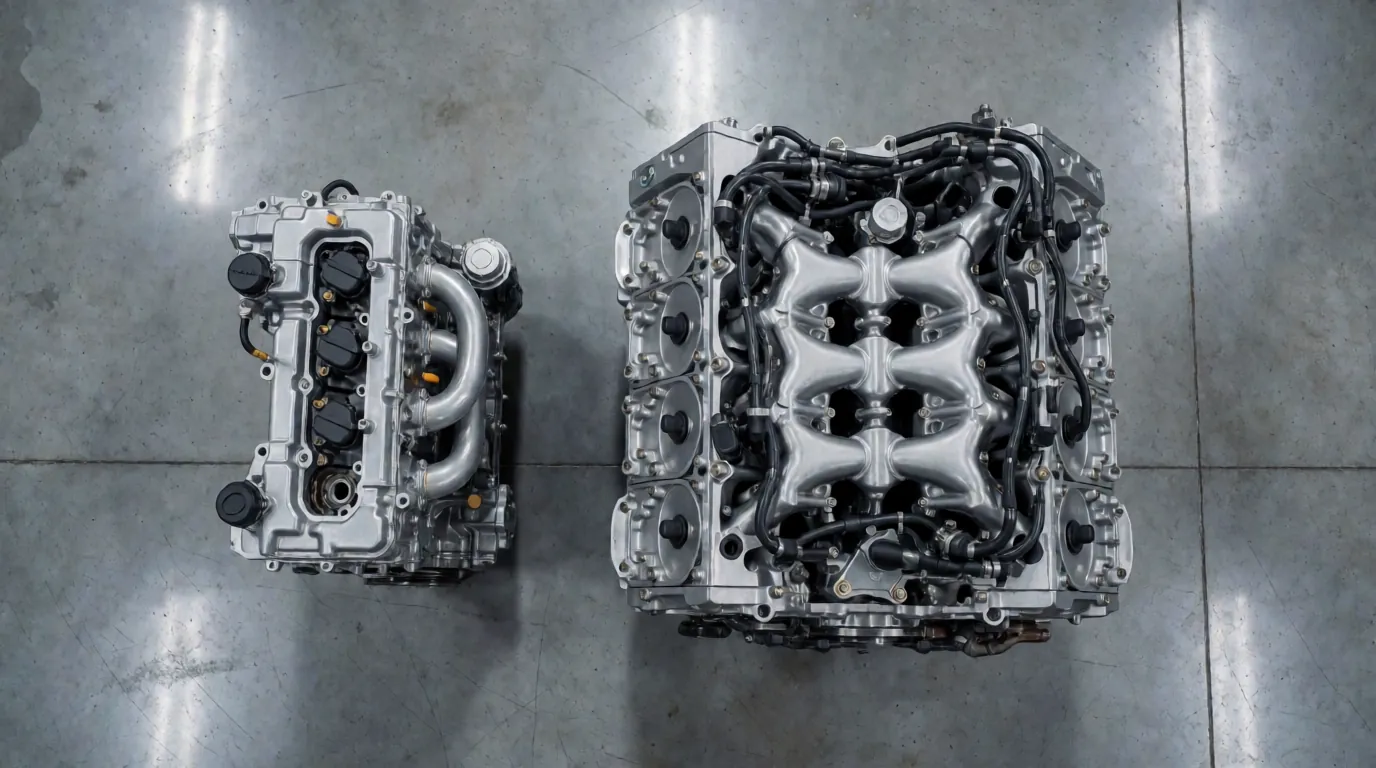 Overhead comparison of a compact four-cylinder engine beside a large V8 engine on a shop floor