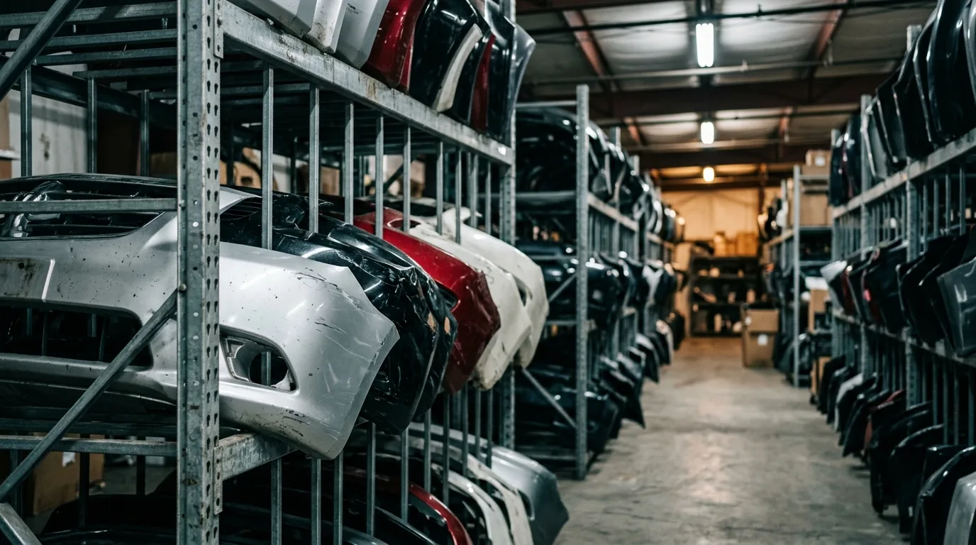 Used front bumper covers in silver, black, red, and white stacked on metal storage racks inside a salvage yard warehouse