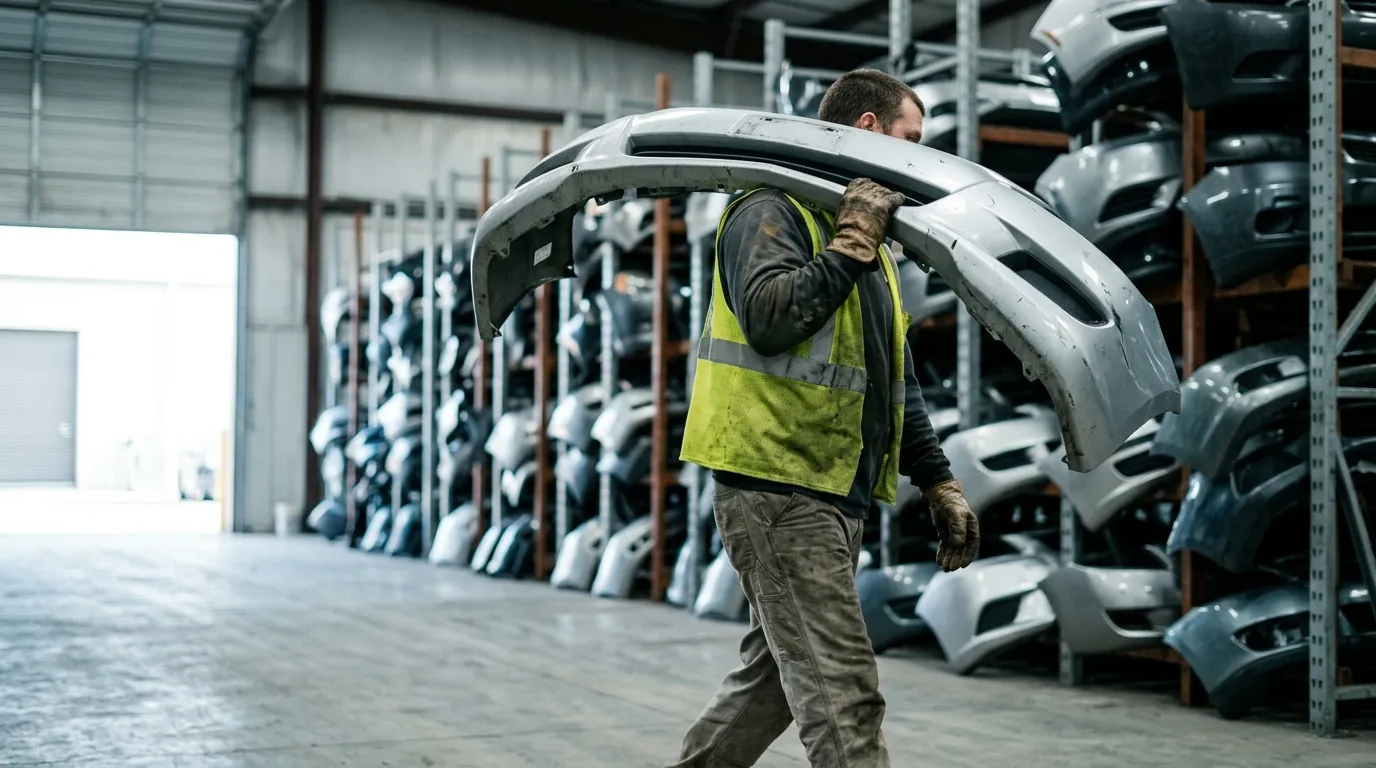Salvage yard worker carrying a silver front bumper cover past racked bumpers in a warehouse