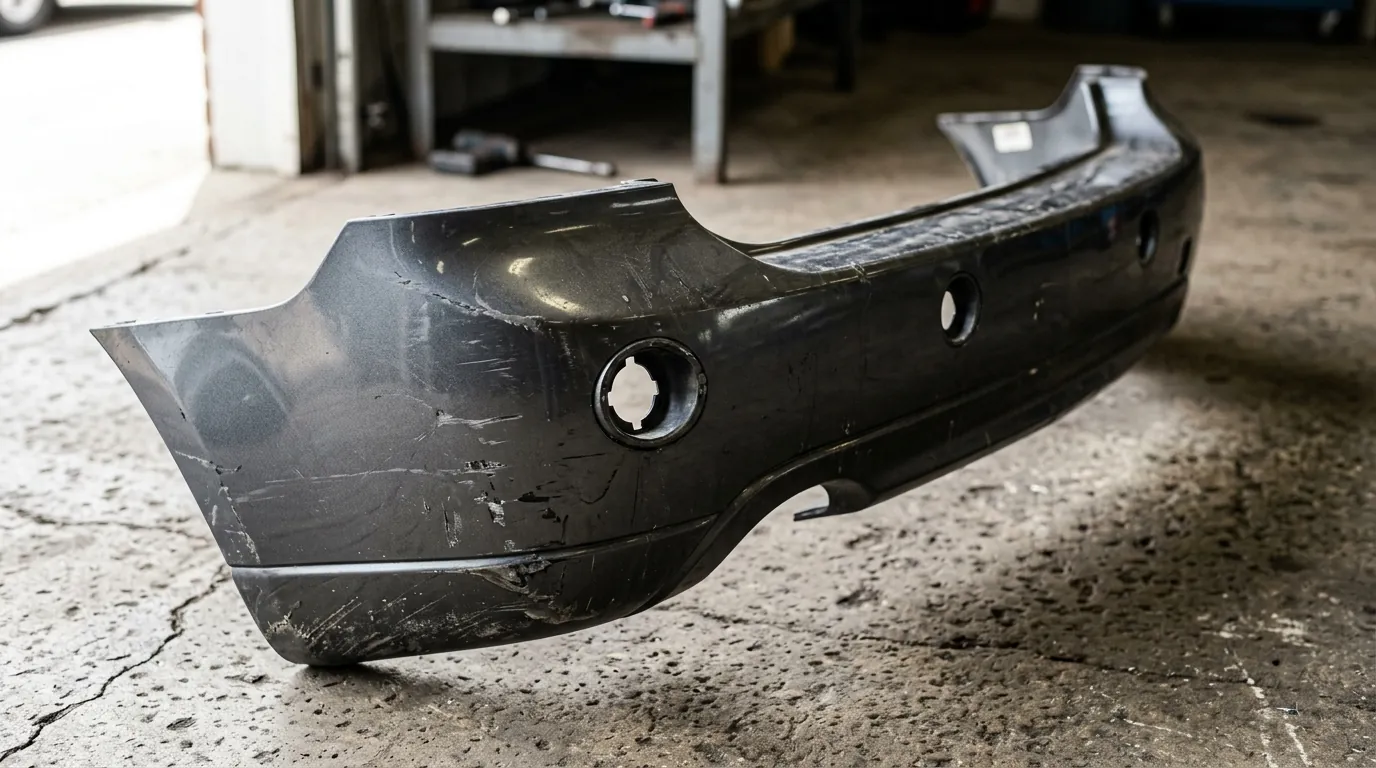Used dark gray front bumper cover on a concrete floor showing scuff marks and empty sensor bores