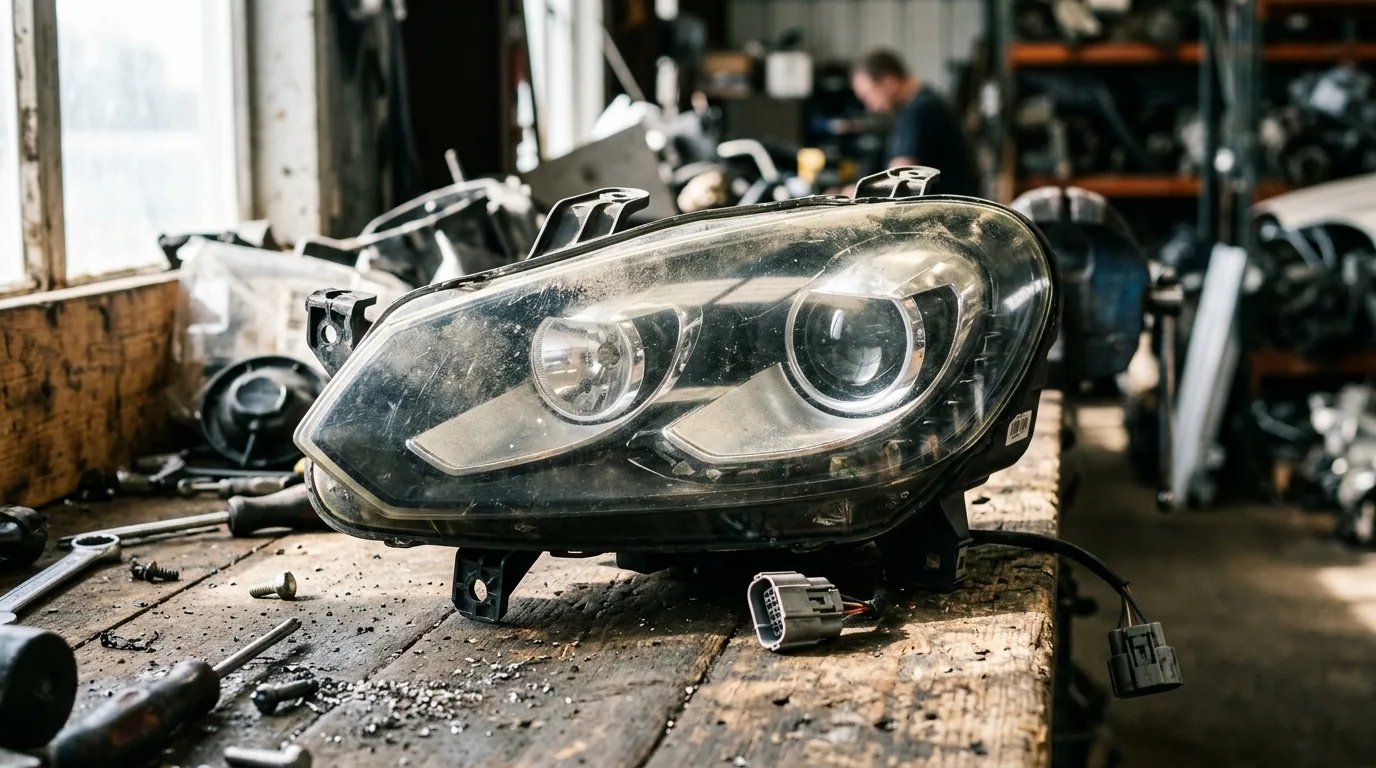 Used projector headlight assembly on a salvage yard workbench showing the lens, mounting tabs, and wiring connector