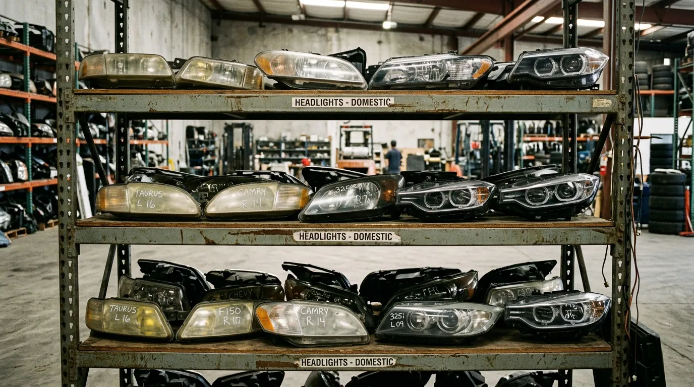 Used headlight assemblies on salvage yard warehouse shelving