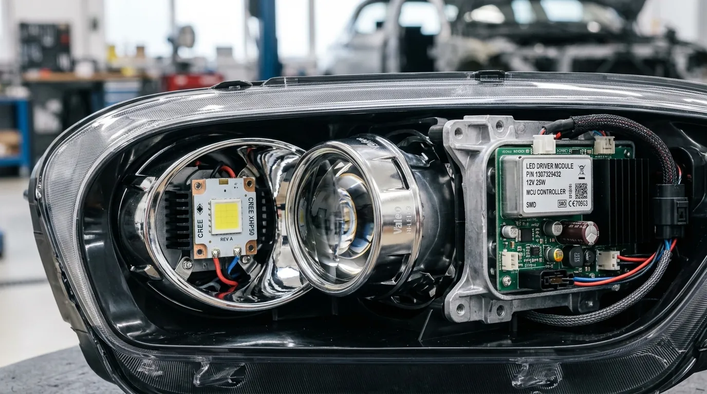 LED headlight internal optics showing projector lens and driver board