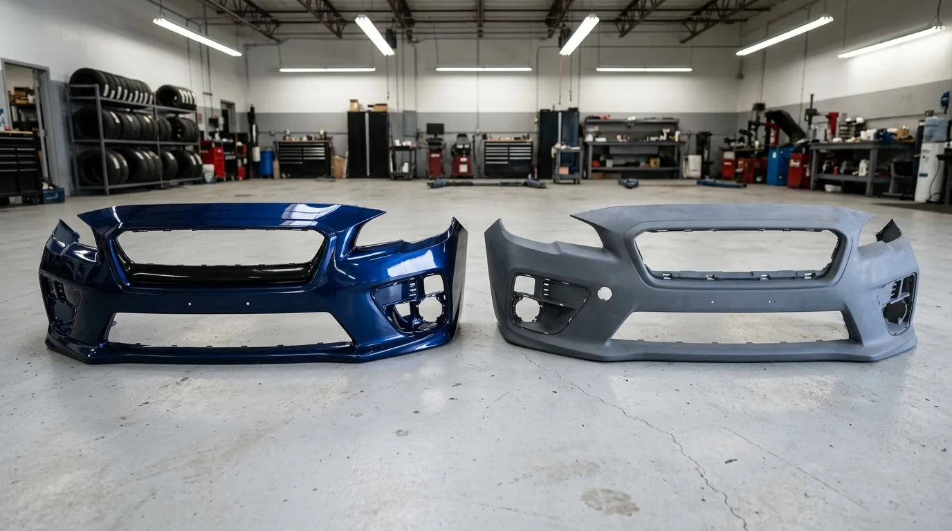 Close-up of the panel gap where a front bumper cover meets a sedan fender, comparing a painted OEM cover against a primered aftermarket cover