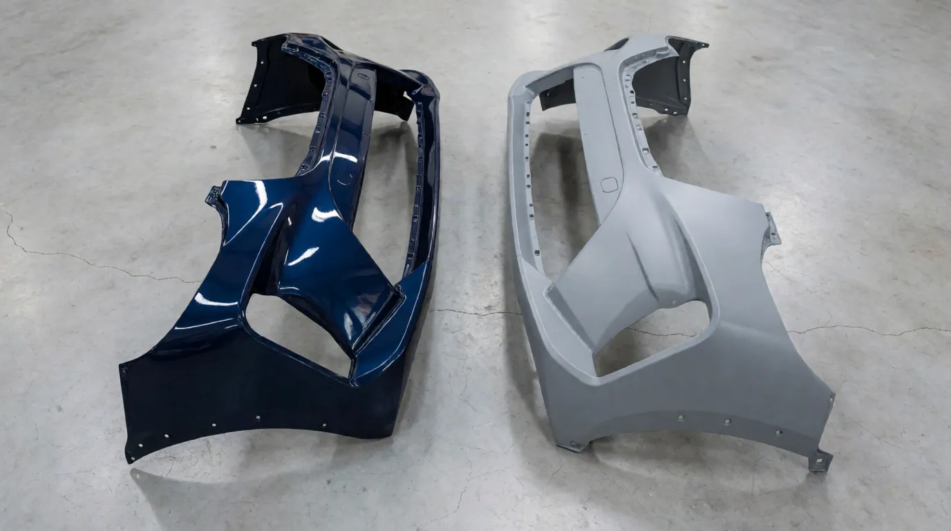 Overhead view of two bumper covers side by side on a shop floor, one glossy blue and one gray primer