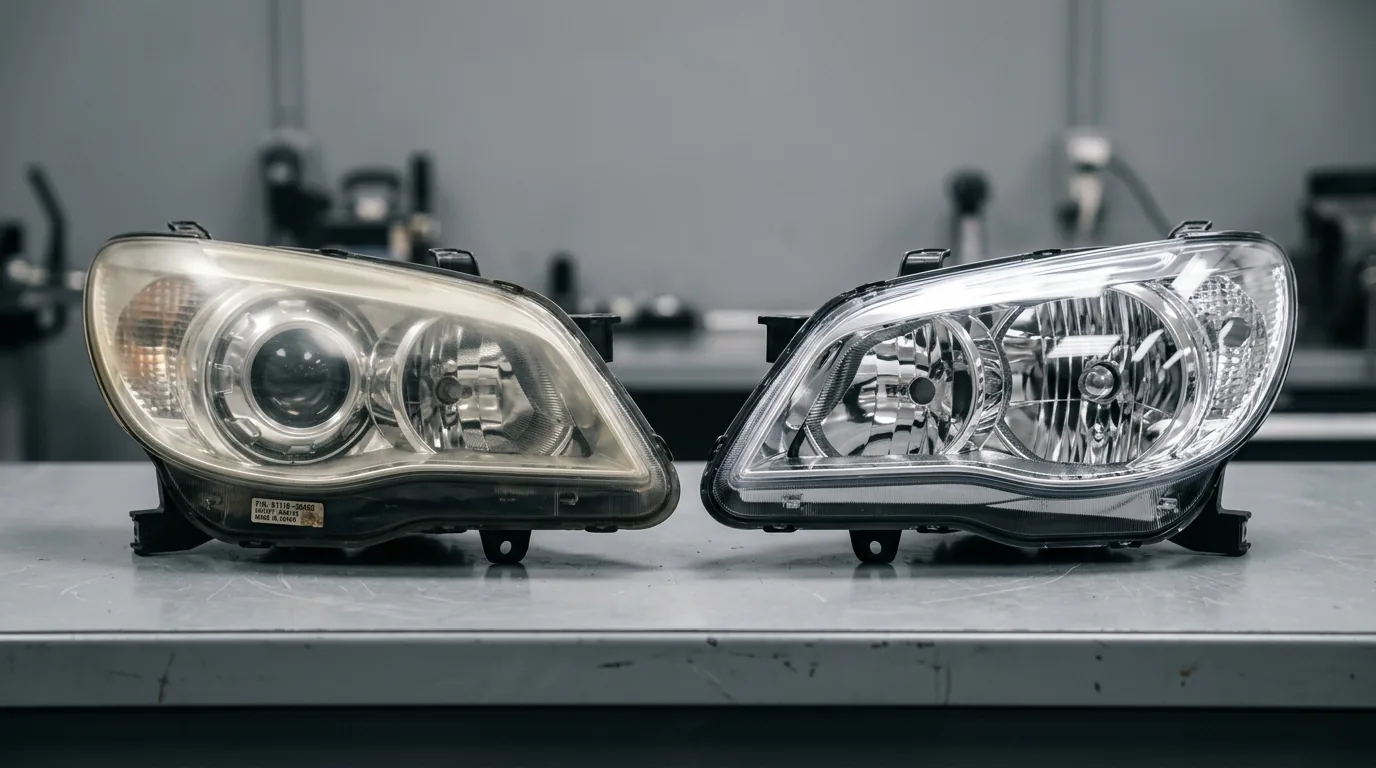 Used OEM projector headlight assembly beside a new aftermarket headlight showing differences in reflector construction and lens clarity