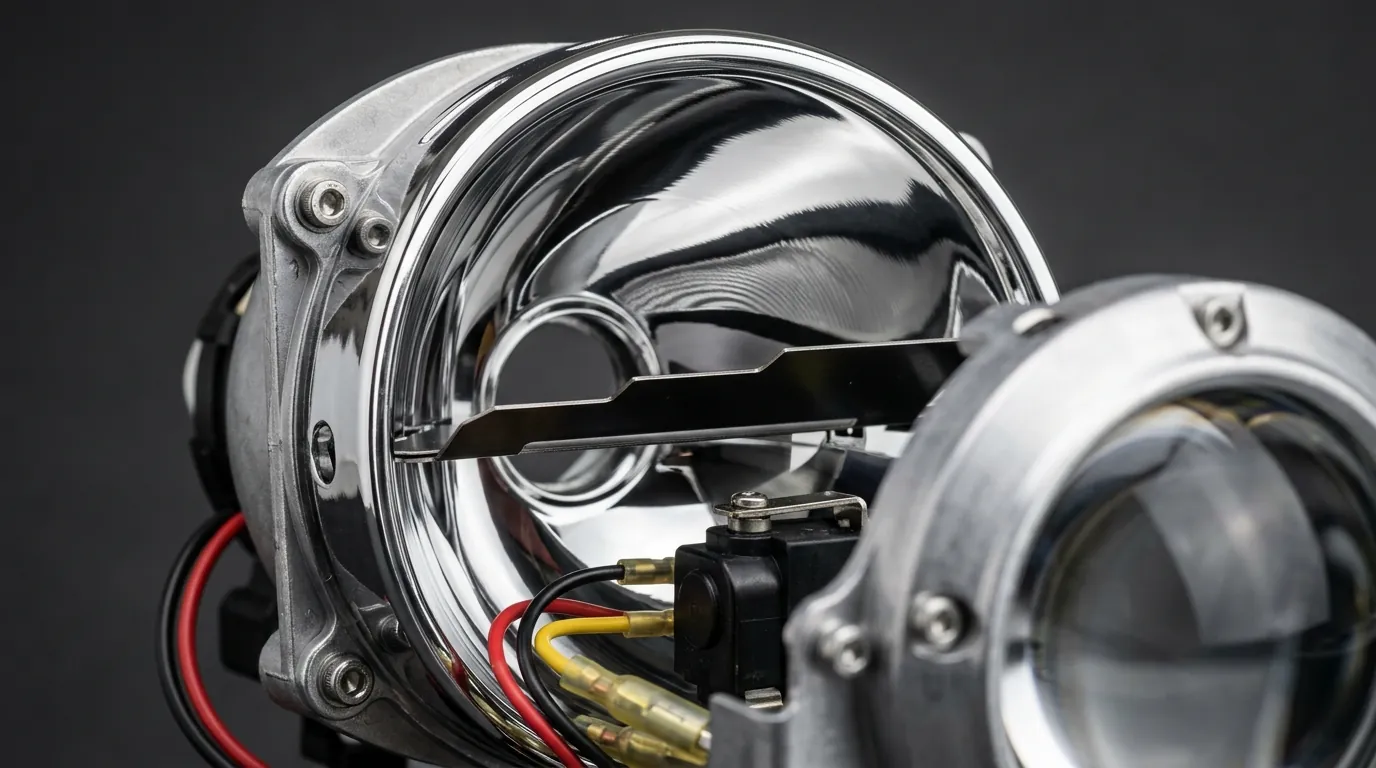 Interior view of projector headlight showing reflector bowl, lens, and cutoff shield