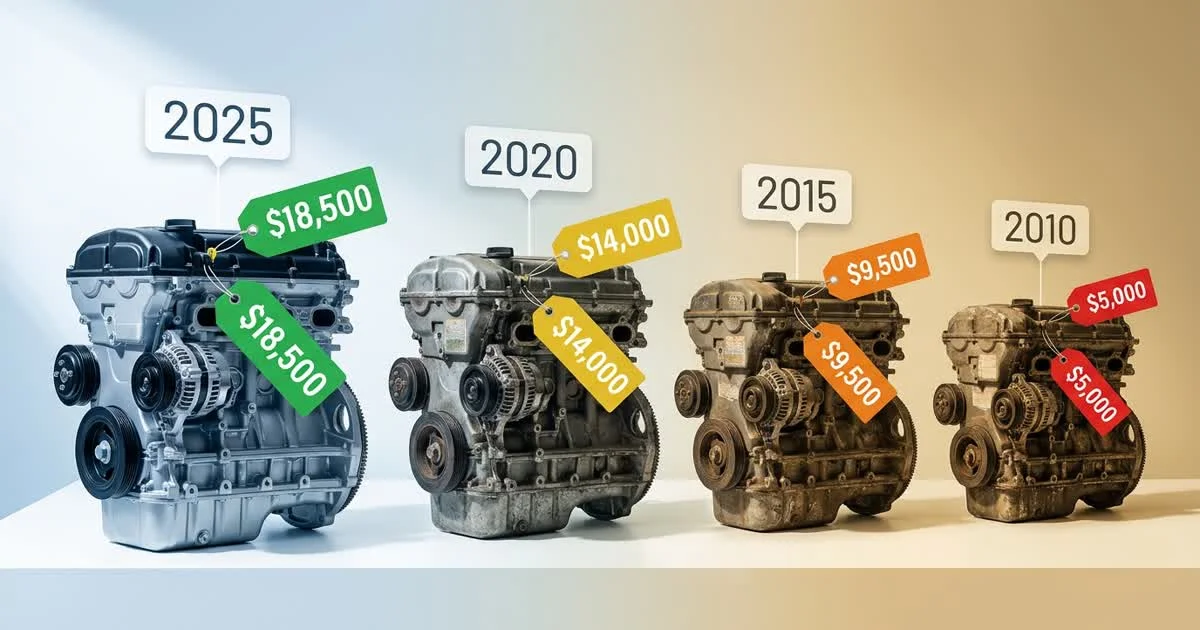 Timeline showing used car engines from different model years with decreasing price tags from newest to oldest
