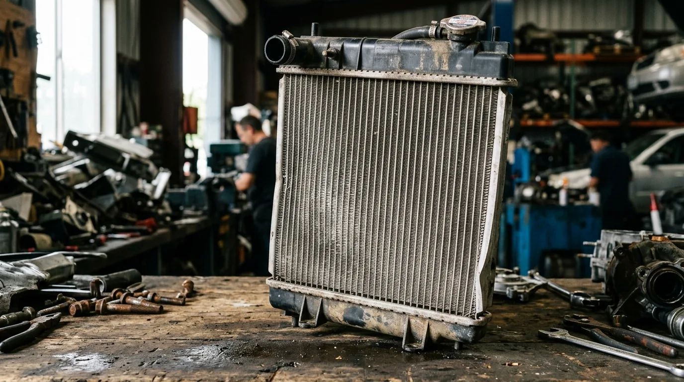 Used aluminum automotive radiator on a salvage yard workbench showing the core fins and plastic end tanks
