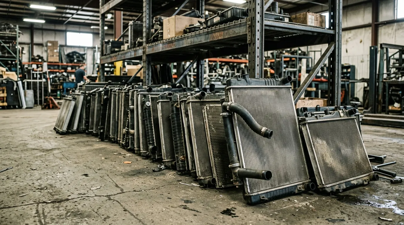 Used automotive radiators on salvage yard warehouse shelving