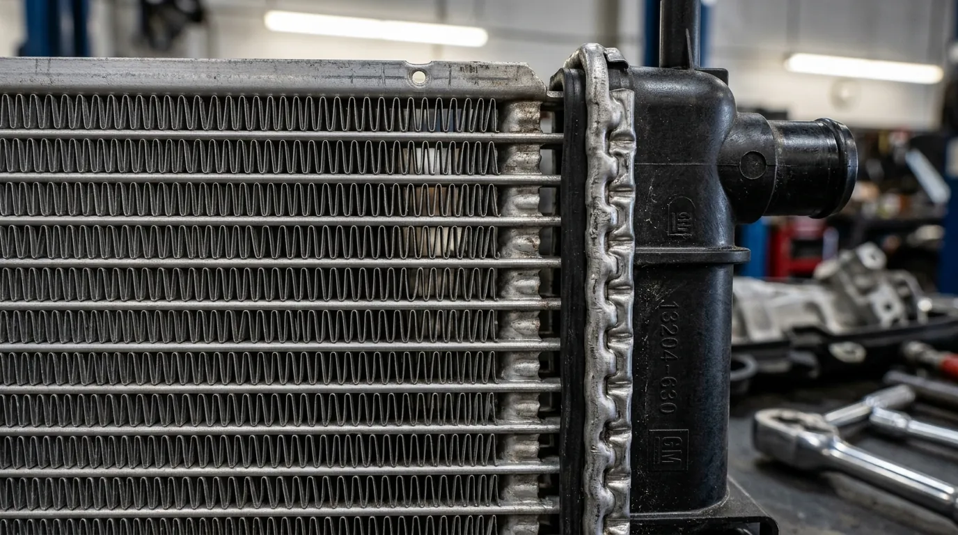 Close-up of aluminum radiator core fins and plastic end tank seam