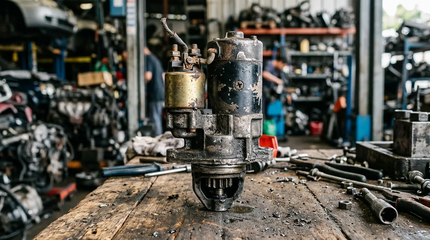 Used automotive starter motor on a salvage yard workbench showing the solenoid, drive gear, and cast housing