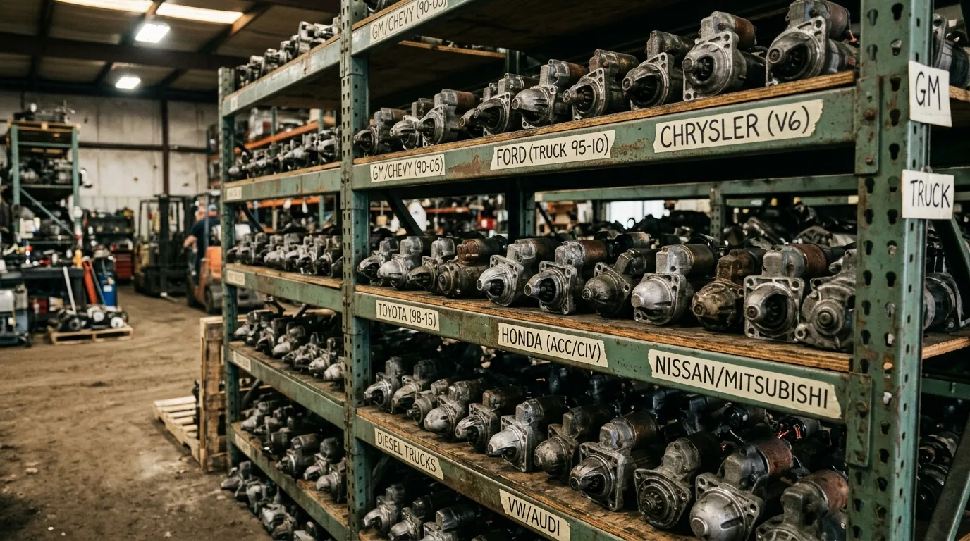 Used starter motors organized on salvage yard warehouse shelving