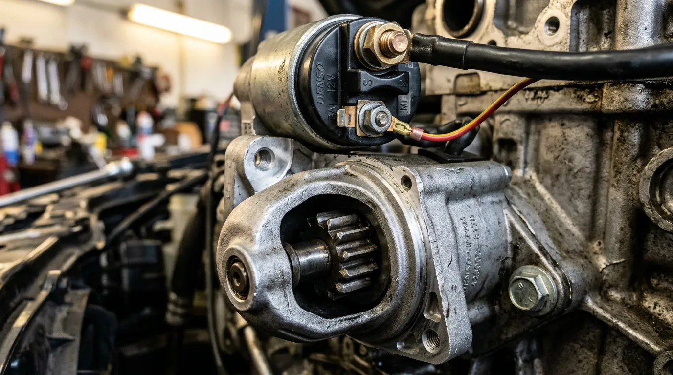 Close-up of starter motor solenoid, pinion teeth, and electrical terminals