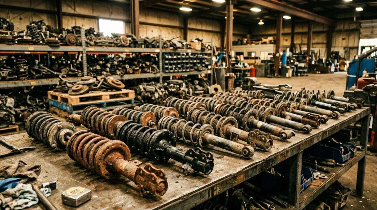 Several used strut assemblies with attached coil springs displayed on a metal workbench inside a salvage yard, showing various sizes from different vehicle types.