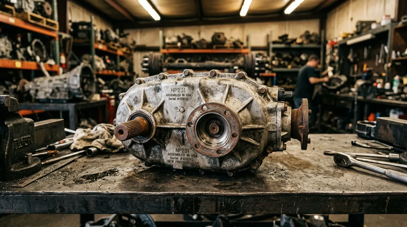 Used transfer case on a workbench in a salvage yard showing the cast aluminum housing and drive flanges