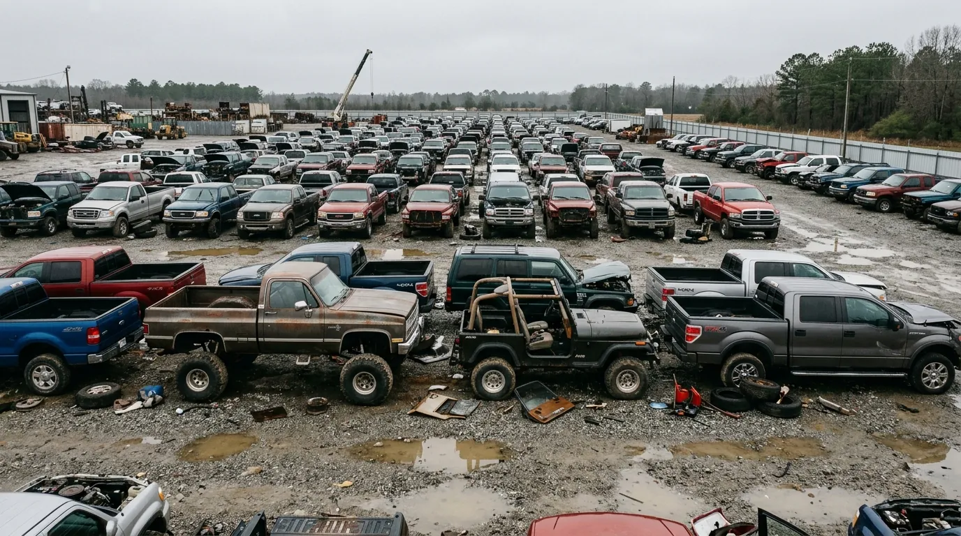 Salvage yard with rows of trucks and SUVs that carry transfer cases
