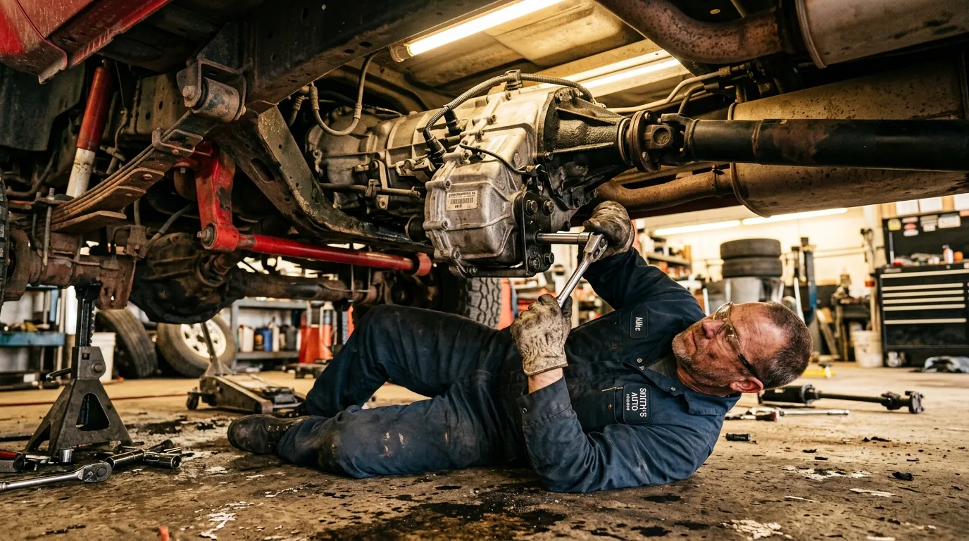 Mechanic working on a transfer case underneath a lifted truck