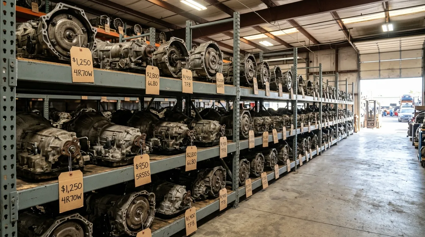 Used transmissions on heavy-duty shelving inside a salvage yard warehouse