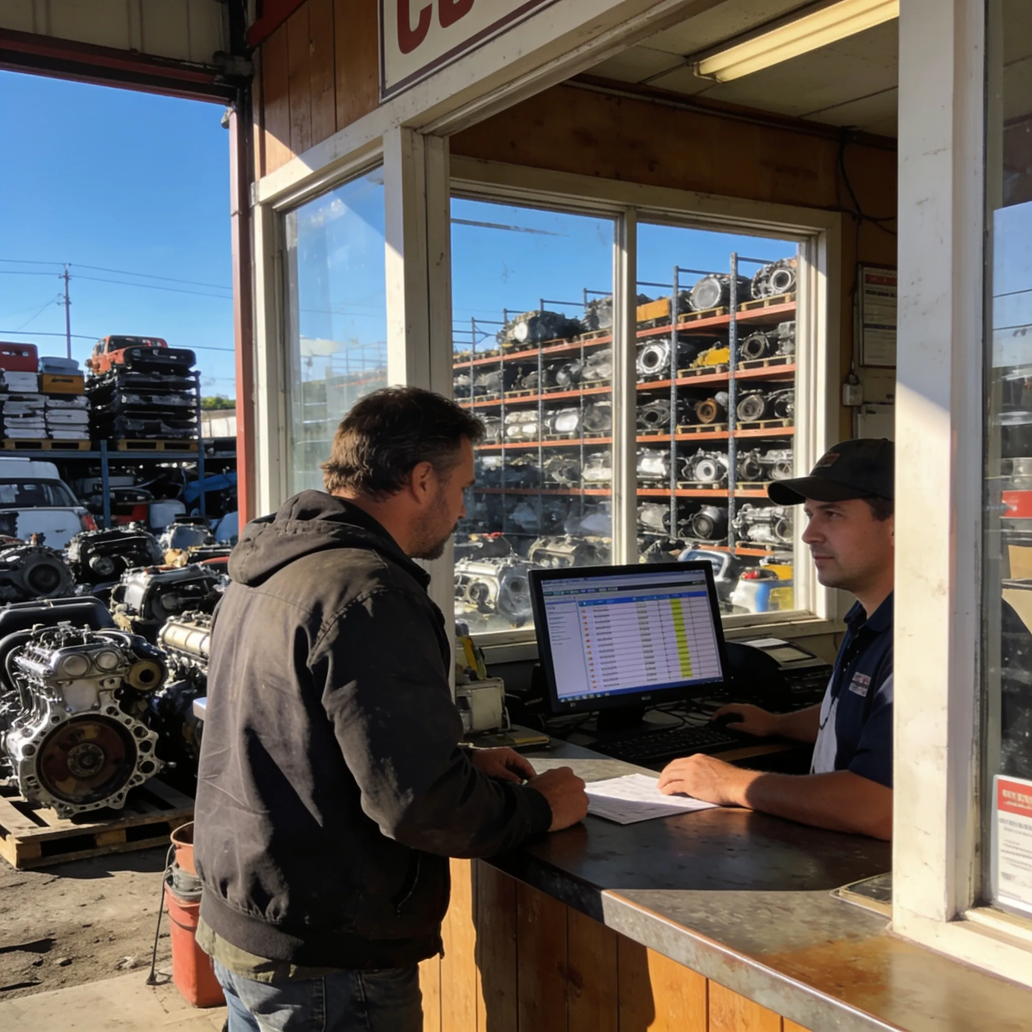 Salvage yard exterior with cars and a customer checking inventory