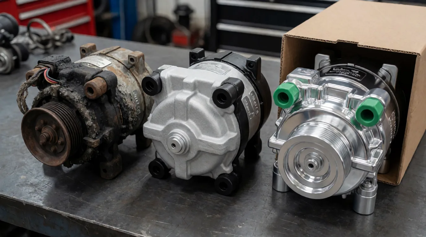 Three AC compressors lined up on a shop counter showing a used unit, a remanufactured unit, and a new compressor in an open box