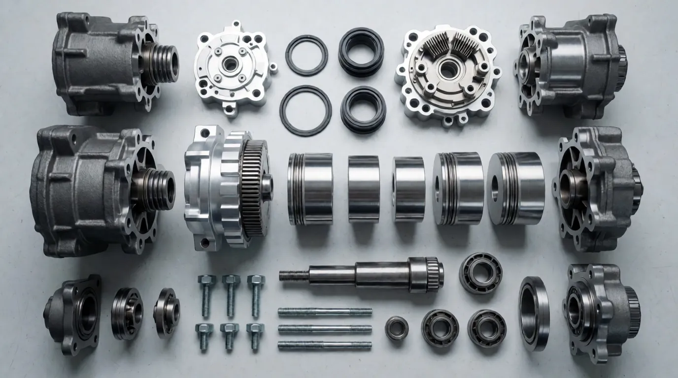 Overhead flat-lay of a disassembled AC compressor showing swash plate, pistons, valve plate, and shaft seal