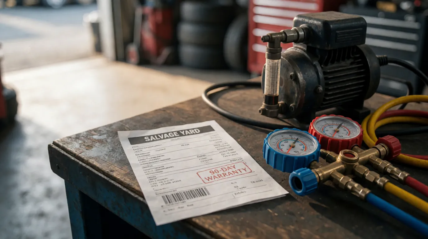Salvage yard warranty receipt on a counter next to AC manifold gauges and a vacuum pump