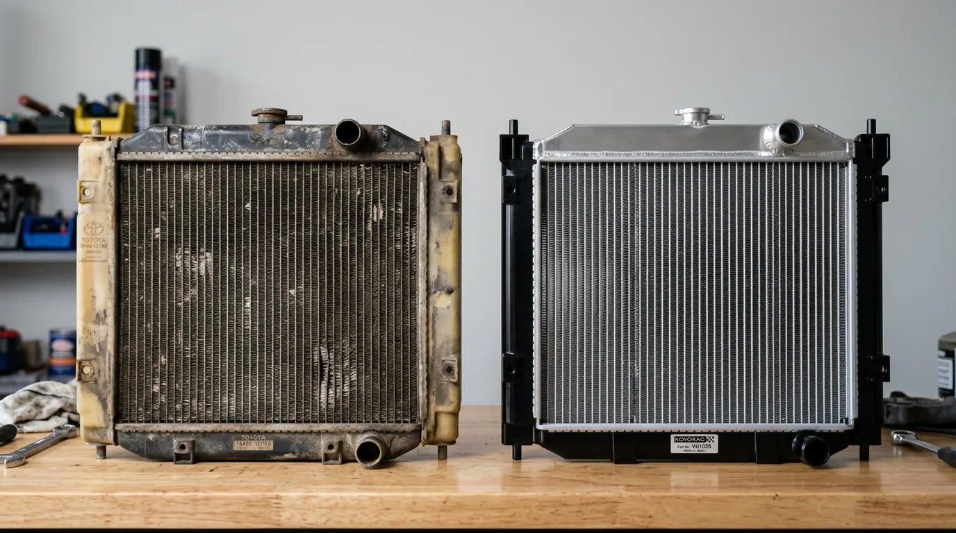 Side-by-side comparison of a used OEM radiator with oxidized fins and a new aftermarket radiator with clean aluminum core