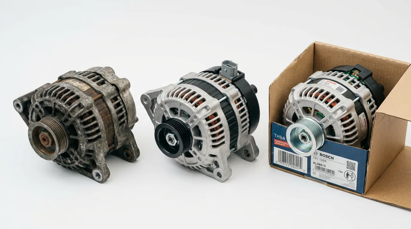Three alternators compared side by side: used, remanufactured, and new OEM