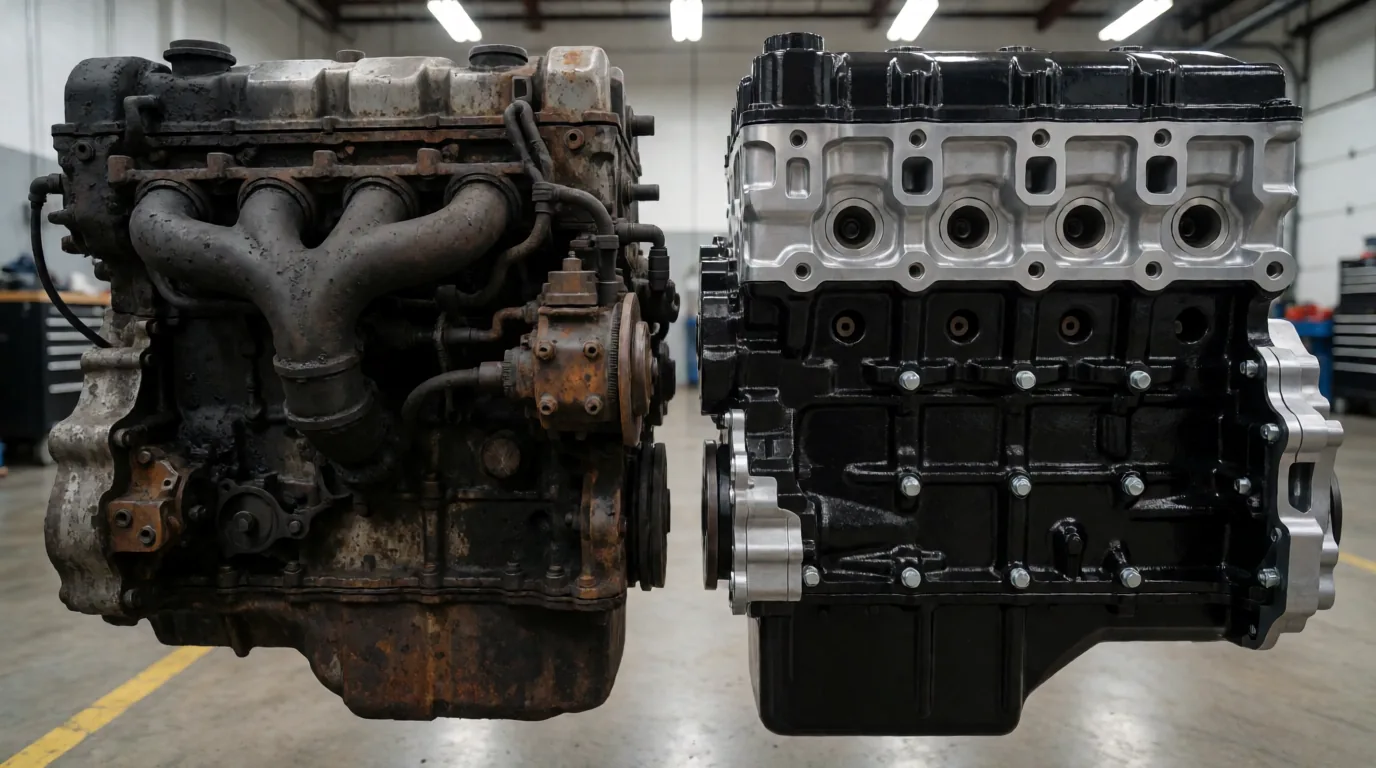 A weathered used engine beside a freshly remanufactured engine on a clean shop floor, shown in split composition