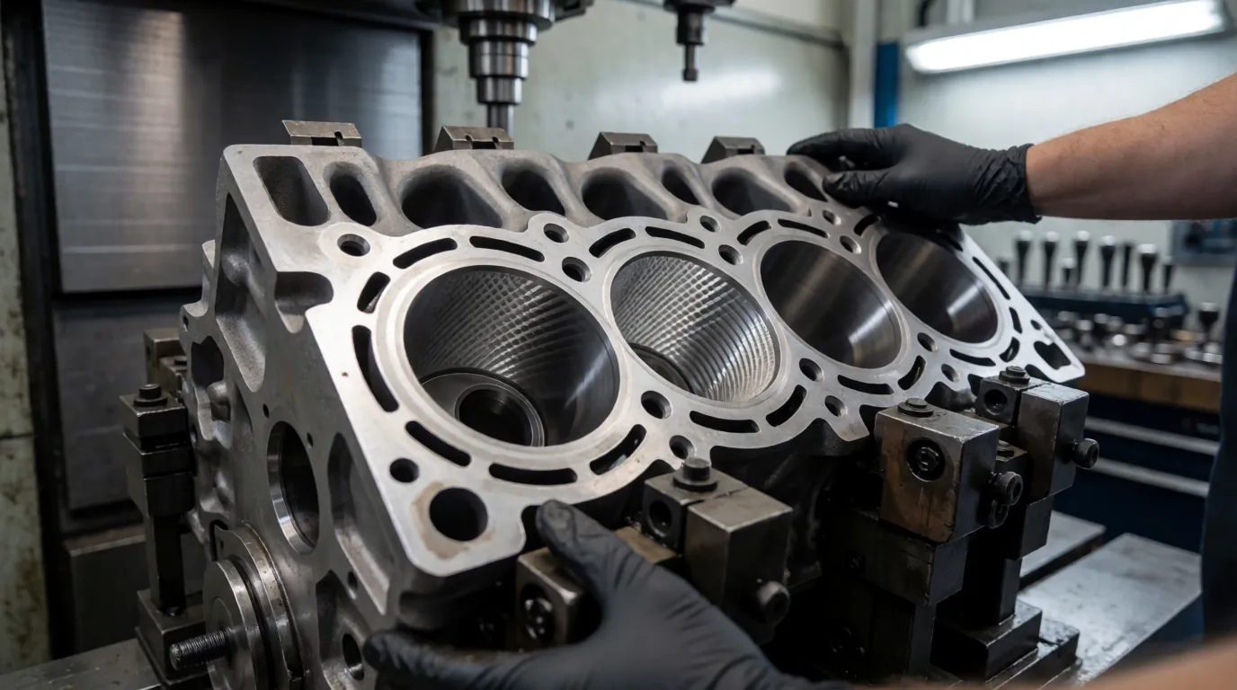 Engine block on a machine shop boring station showing fresh cylinder honing crosshatch marks