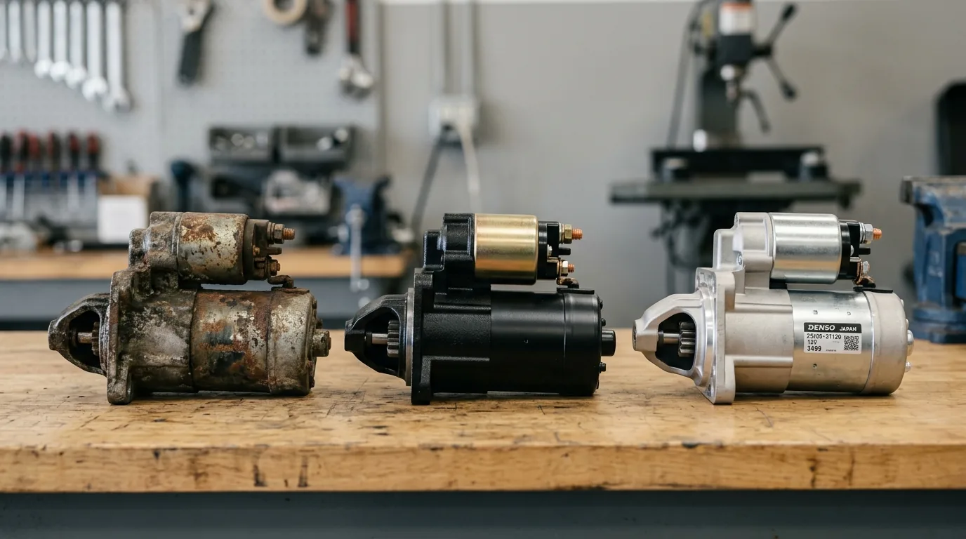 Three starter motors side by side on a workbench — a used salvage unit, a remanufactured unit with fresh paint, and a new OEM starter in packaging