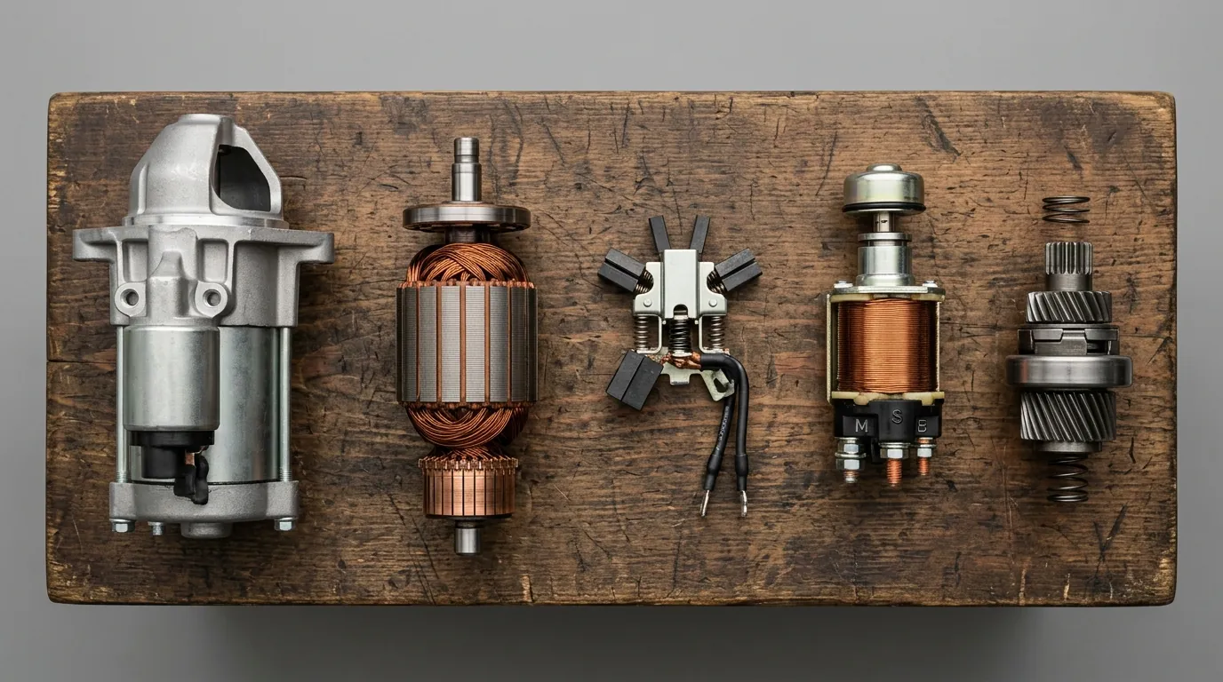Exploded view of starter motor components laid out on workbench