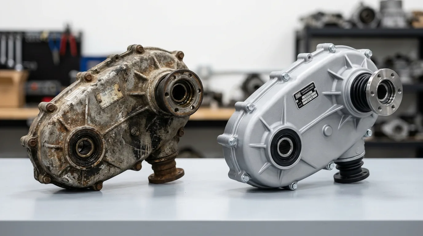 Side-by-side comparison of a used transfer case showing wear and a remanufactured transfer case with fresh paint and new seals