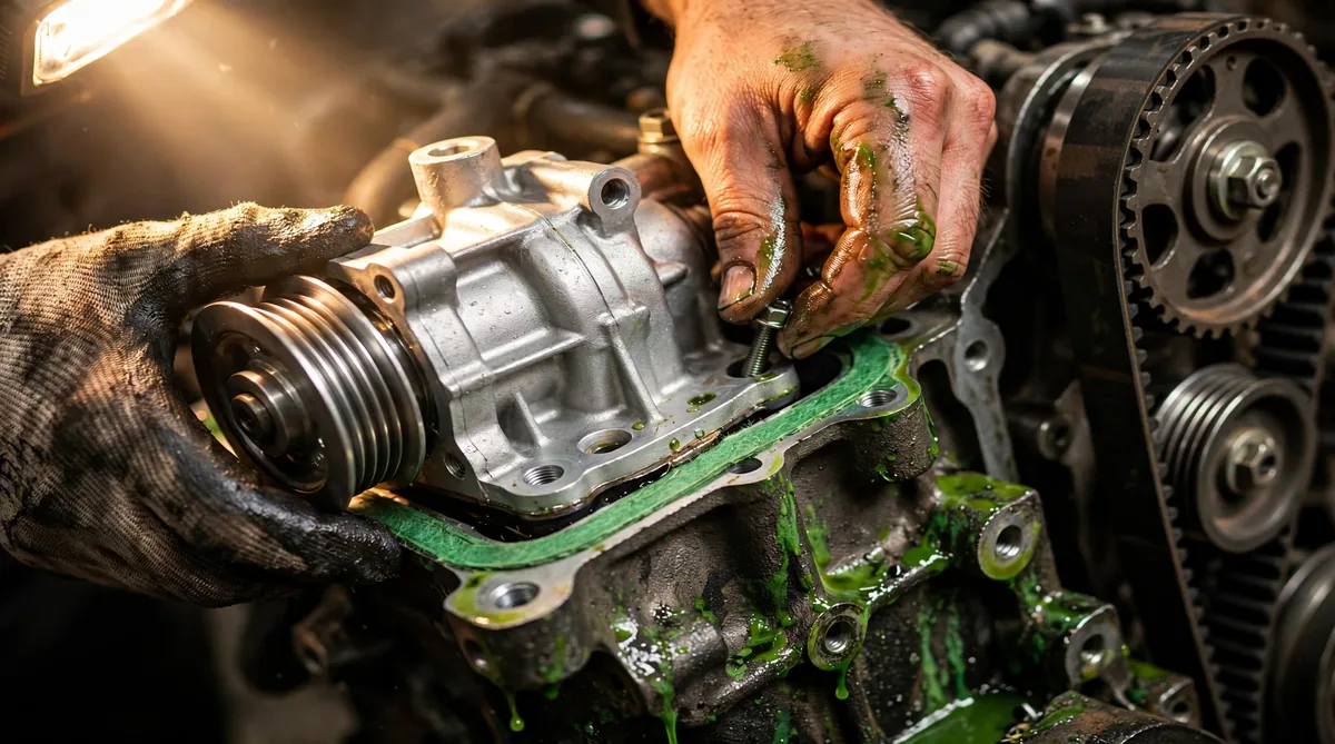 Mechanic installing a new water pump onto an engine block with green coolant and timing belt visible