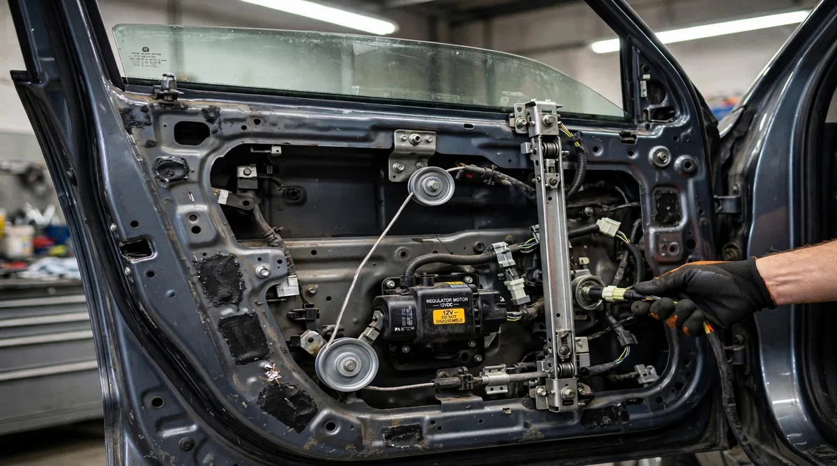 Car door panel removed showing the window regulator motor, cables, and guide tracks inside the door cavity